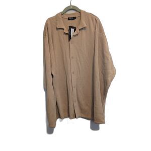 boohooMan Men's Tall Long Sleeve Knitted Ribbed Revere Shirt NWT Stone XL